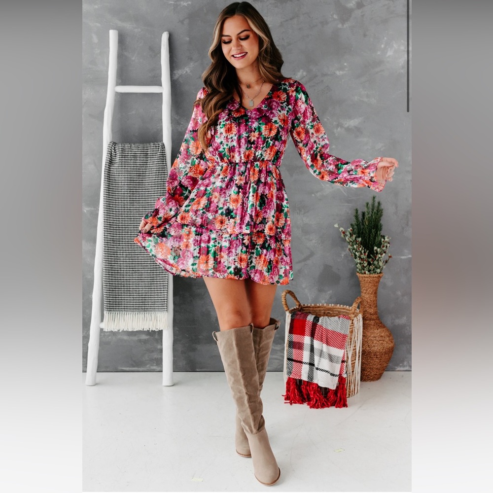PRETTY SPECIAL FLORAL RUFFLED MINI DRESS (WINE/ORANGE FLORAL)